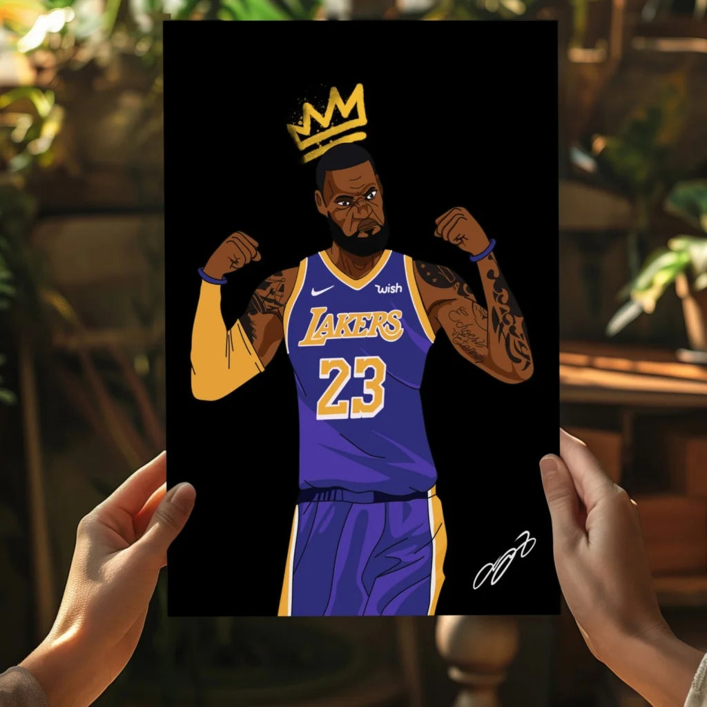 Stylized LeBron James in Lakers jersey and crown on insigne aluminum print