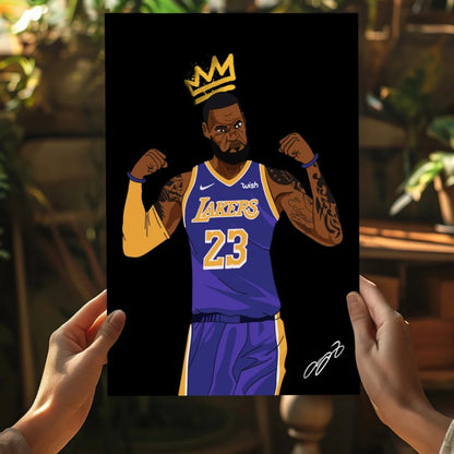 Stylized LeBron James in Lakers jersey and crown on insigne aluminum print