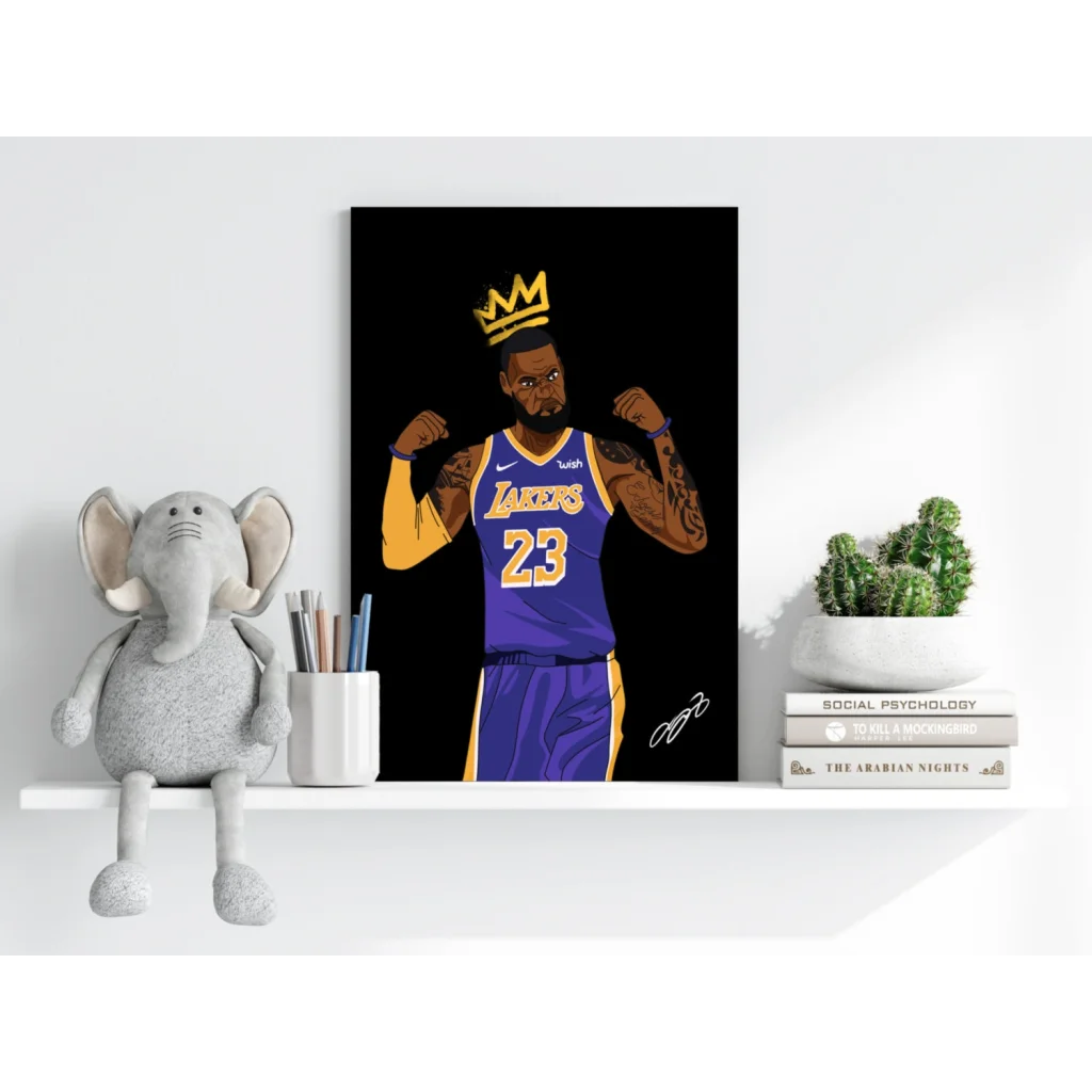 LeBron James in Lakers jersey with crown on insigne aluminum print