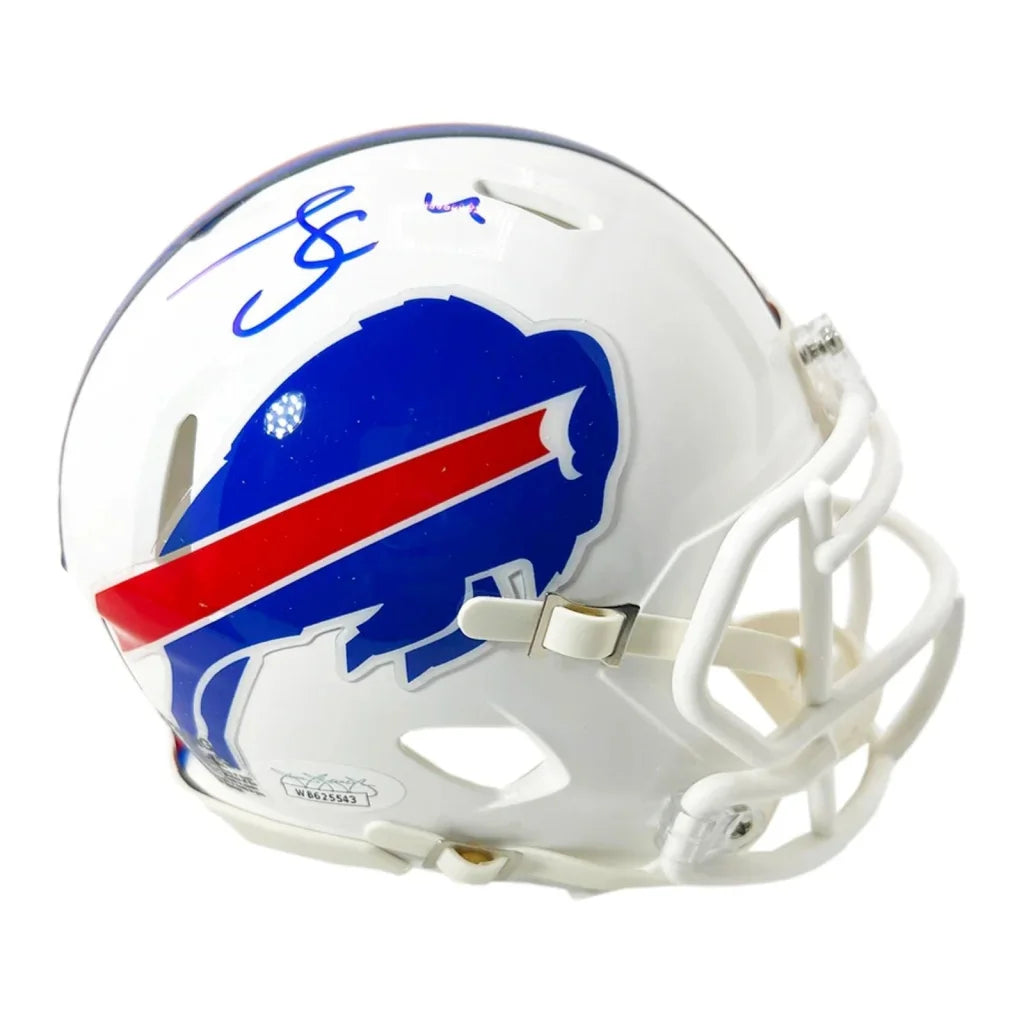 James cook autographed buffalo bills mini helmet white with blue and red logo signed in blue ink by player