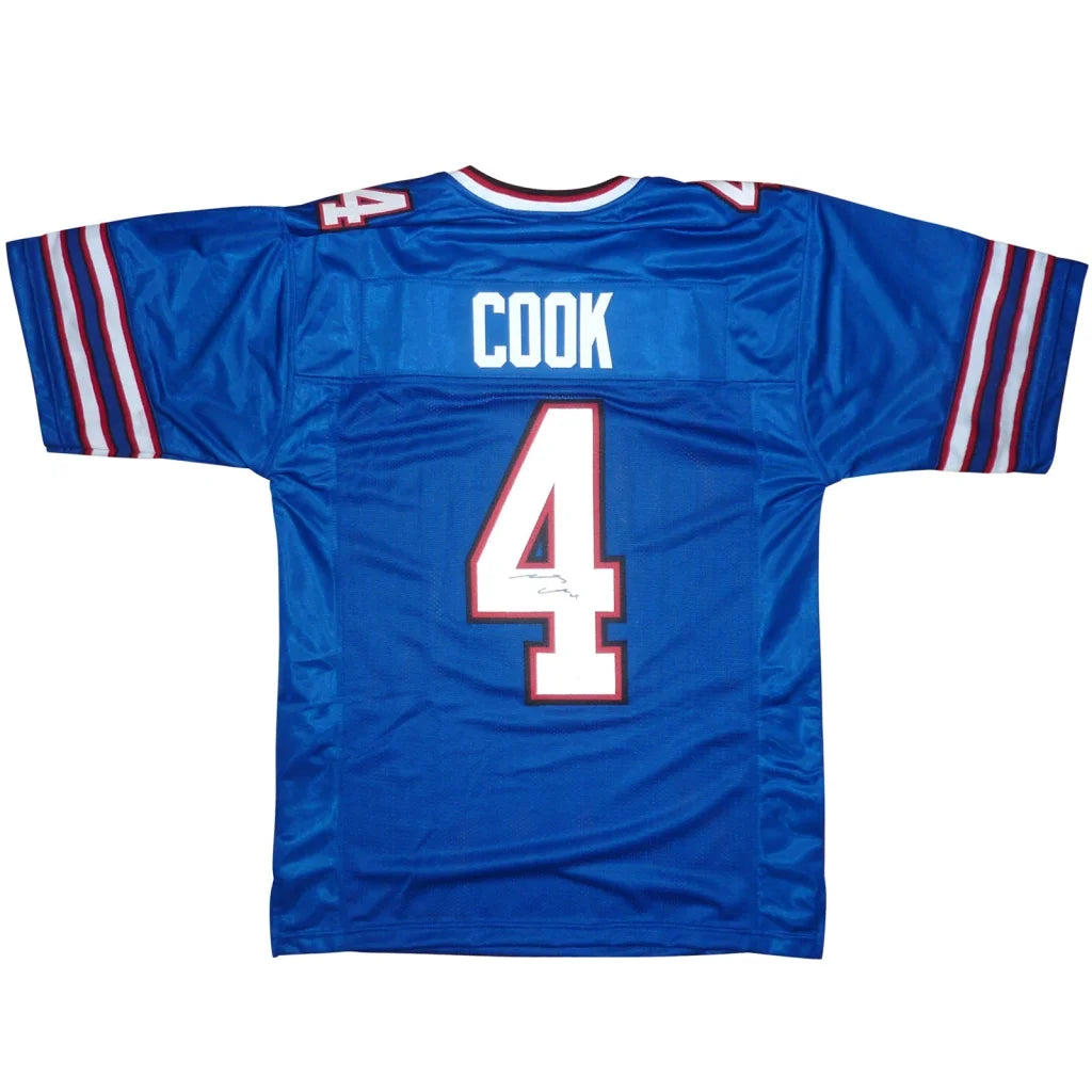 James Cook autographed Buffalo blue jersey with Cook #4 on back