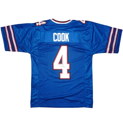 James Cook autographed Buffalo blue jersey with Cook #4 on back