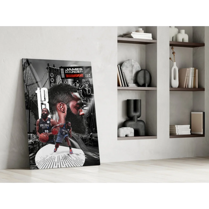 James Harden Brooklyn Nets glass wall art poster in black and white