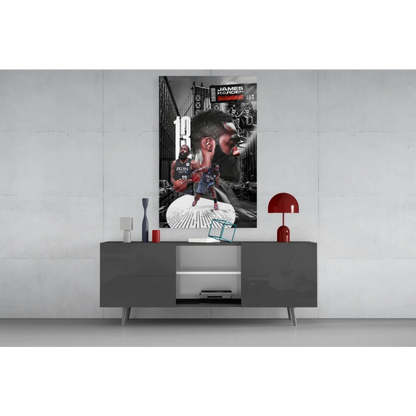 James Harden Brooklyn Nets glass wall art poster in black and white with red accents