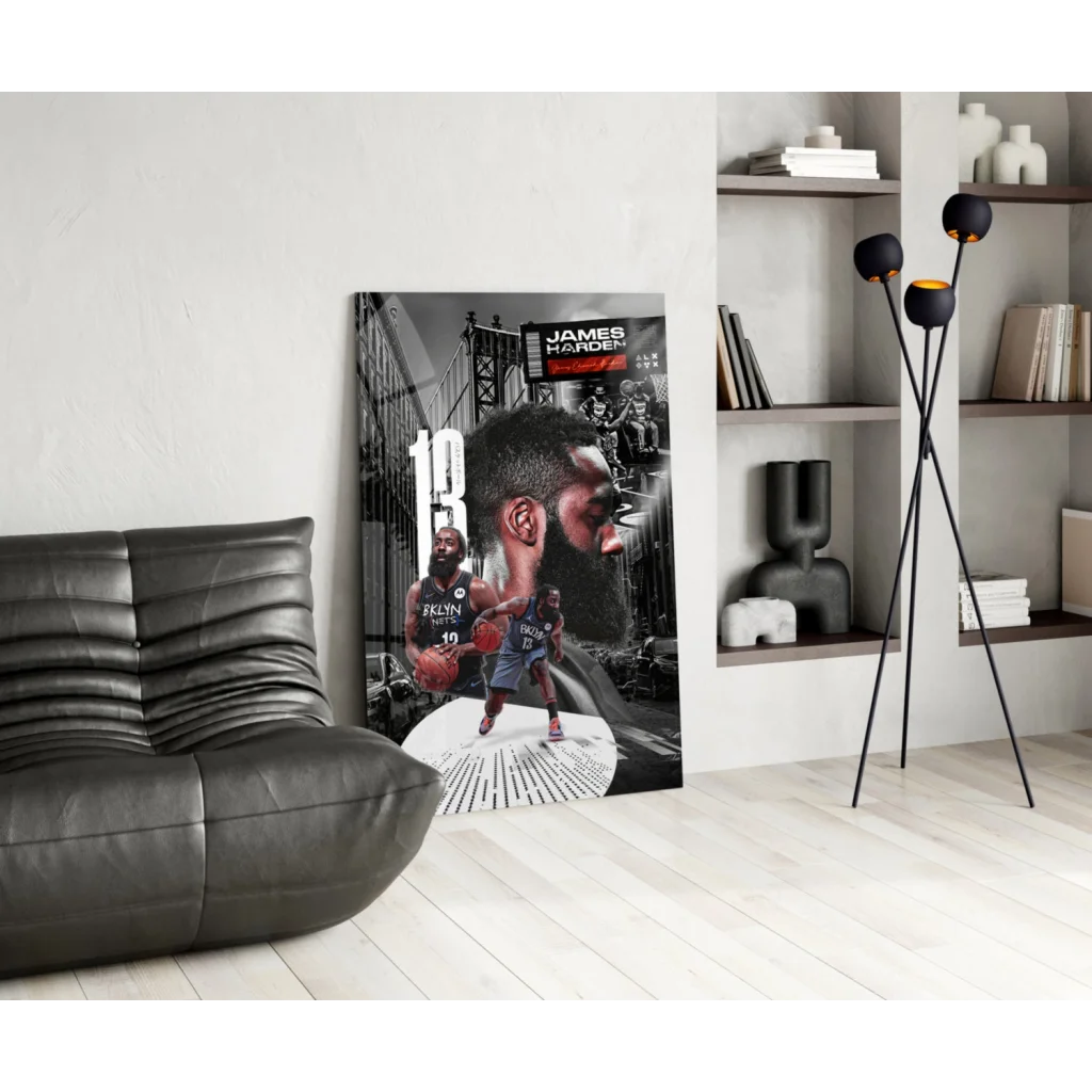 James Harden Brooklyn Nets glass wall art in action with number 13