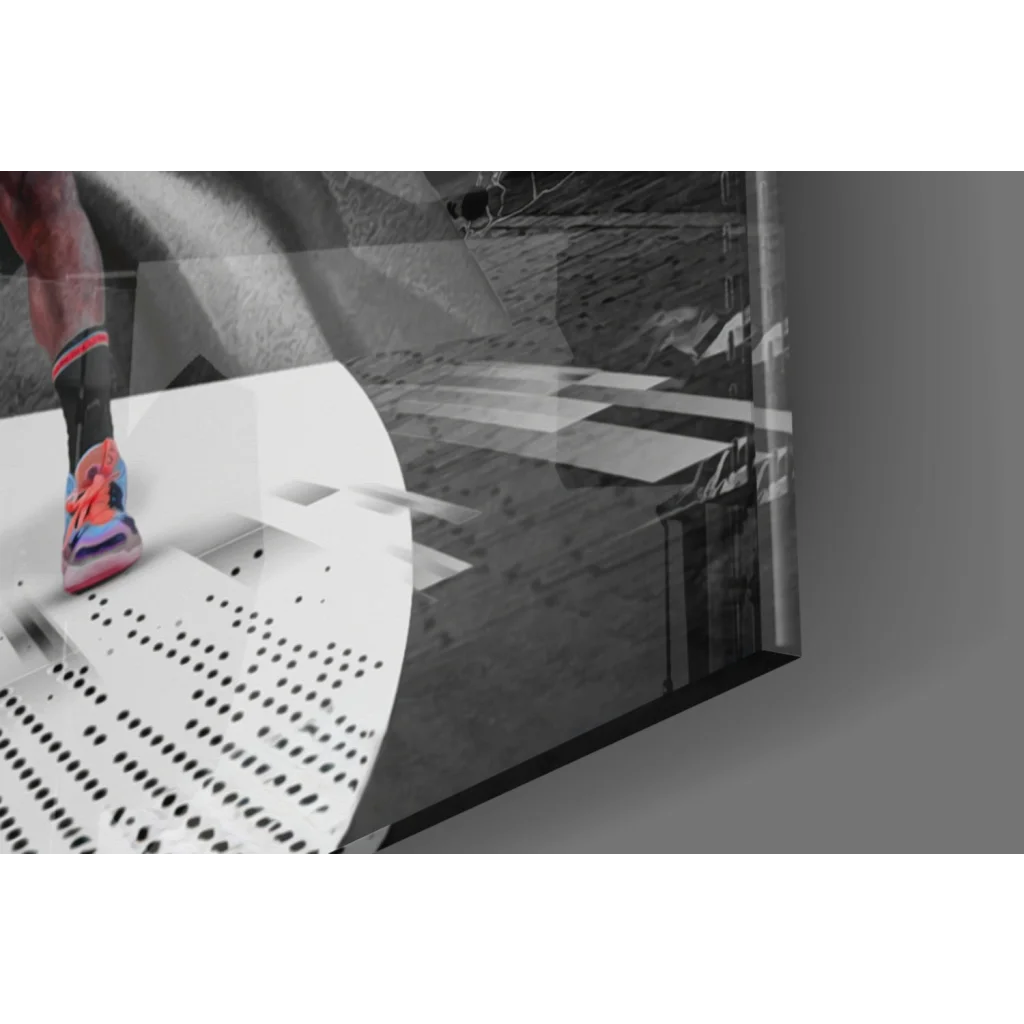 Vibrant orange and purple James Harden Nets shoe on black sock glass wall art
