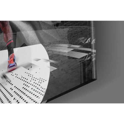 Vibrant orange and purple James Harden Nets shoe on black sock glass wall art