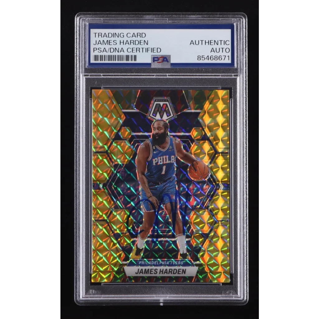 James Harden signed 76ers NBA trading card with autograph, PSA graded, holographic background