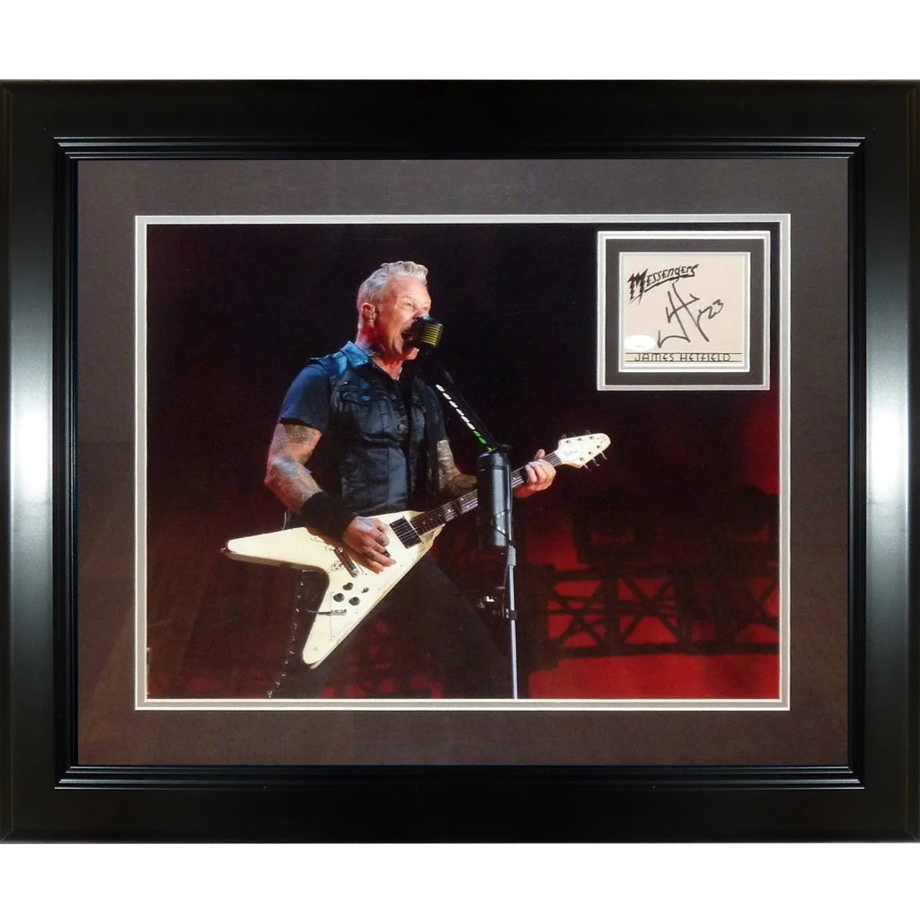 James Hetfield signed deluxe framed 16x20 photo on stage with guitar