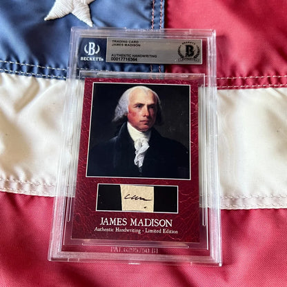 Beckett-certified limited edition james madison authentic handwritten autograph trading card with maroon background