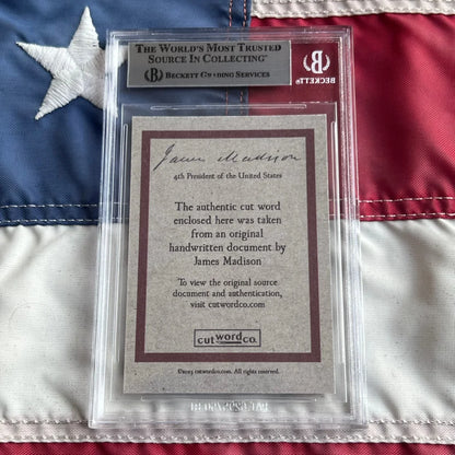 James Madison autograph trading card with cut word in sleeve