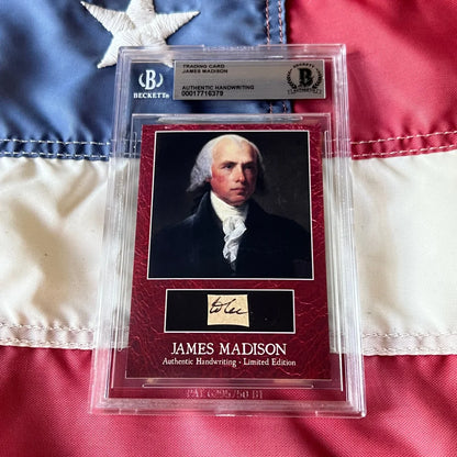 This red textured beckett-certified james madison authentic handwritten autograph trading card features his portrait and handwriting
