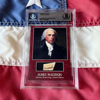 A red beckett-certified james madison authentic handwritten autograph trading card with portrait and signature encased