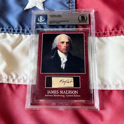 This is a red textured trading card with an authentic handwritten autograph of James Madison on parchment paper