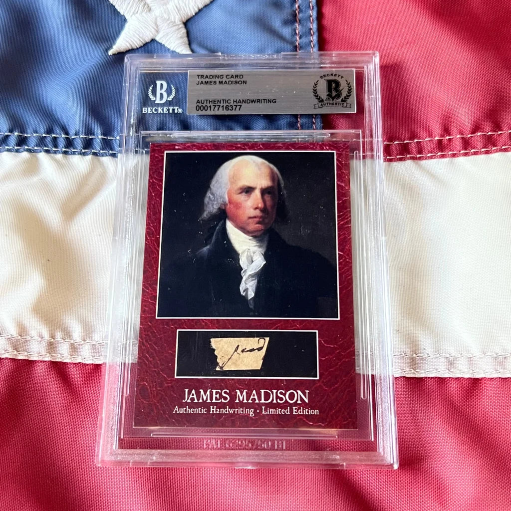 A red textured james madison authentic handwritten autograph trading card with portrait and clear beckett slab