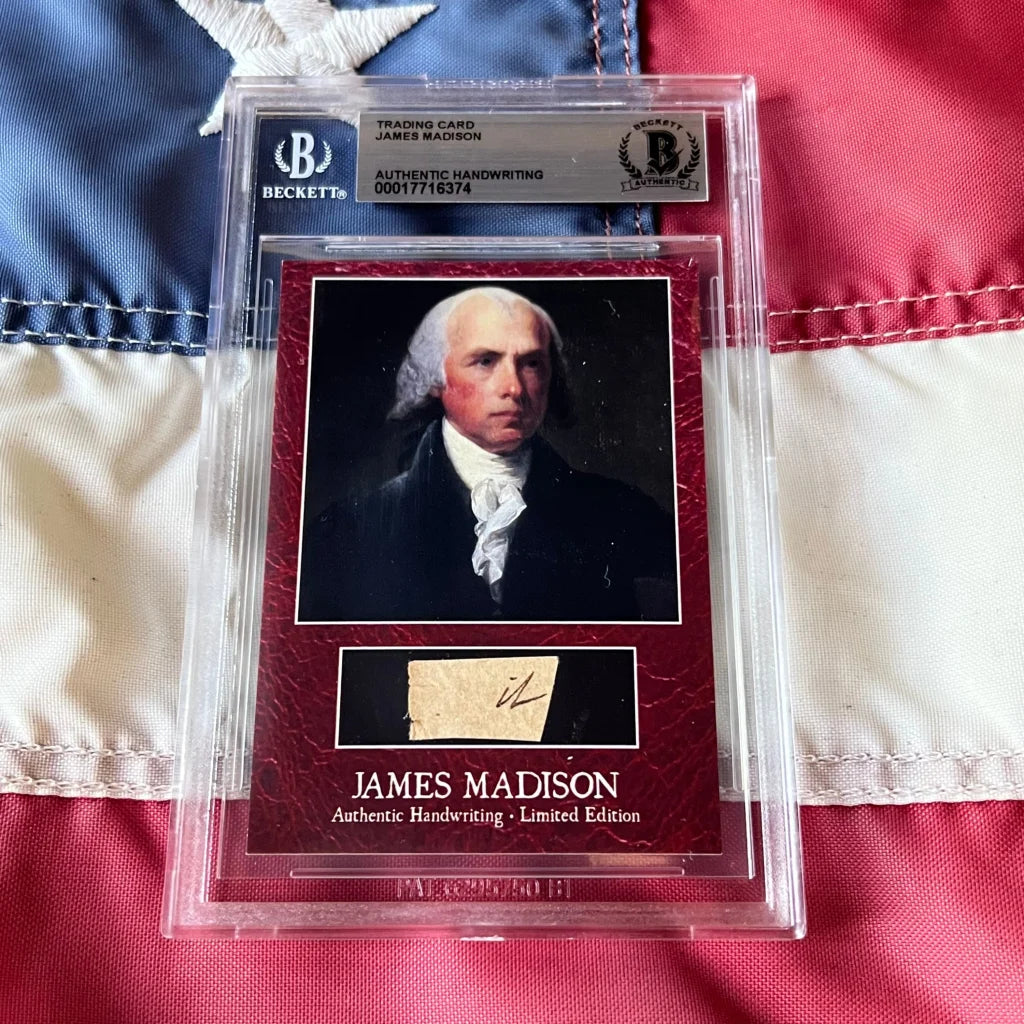 Red-bordered james madison authentic handwritten autograph trading card with portrait and handwriting in clear beckett slab