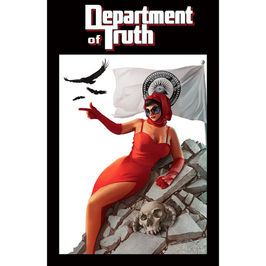 James Tynion’s Department of Truth: red dress, black gloves, mask, skull on ground