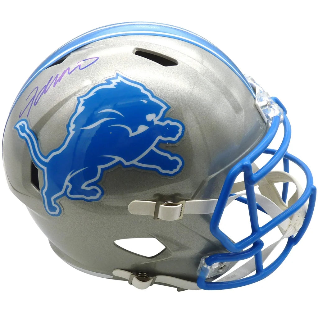 Jameson Williams autographed Detroit Lions replica helmet in silver and blue