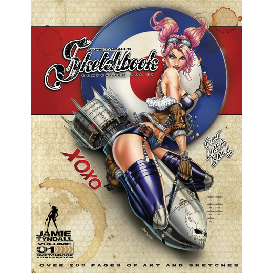 Jamie Tyndall’s compendium volume 01 cover with pink-haired pin-up girl on jet bike