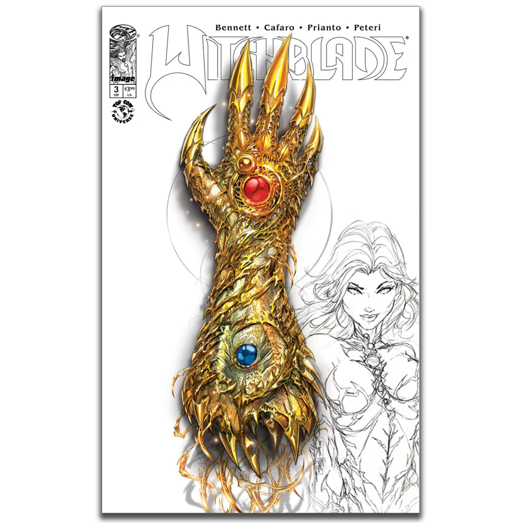 Golden fantasy gauntlet with claws and gems on white SketchUp cover