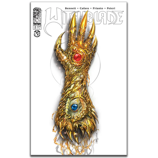 Golden fantasy gauntlet with gems on Jamie Tyndall white sketchup cover