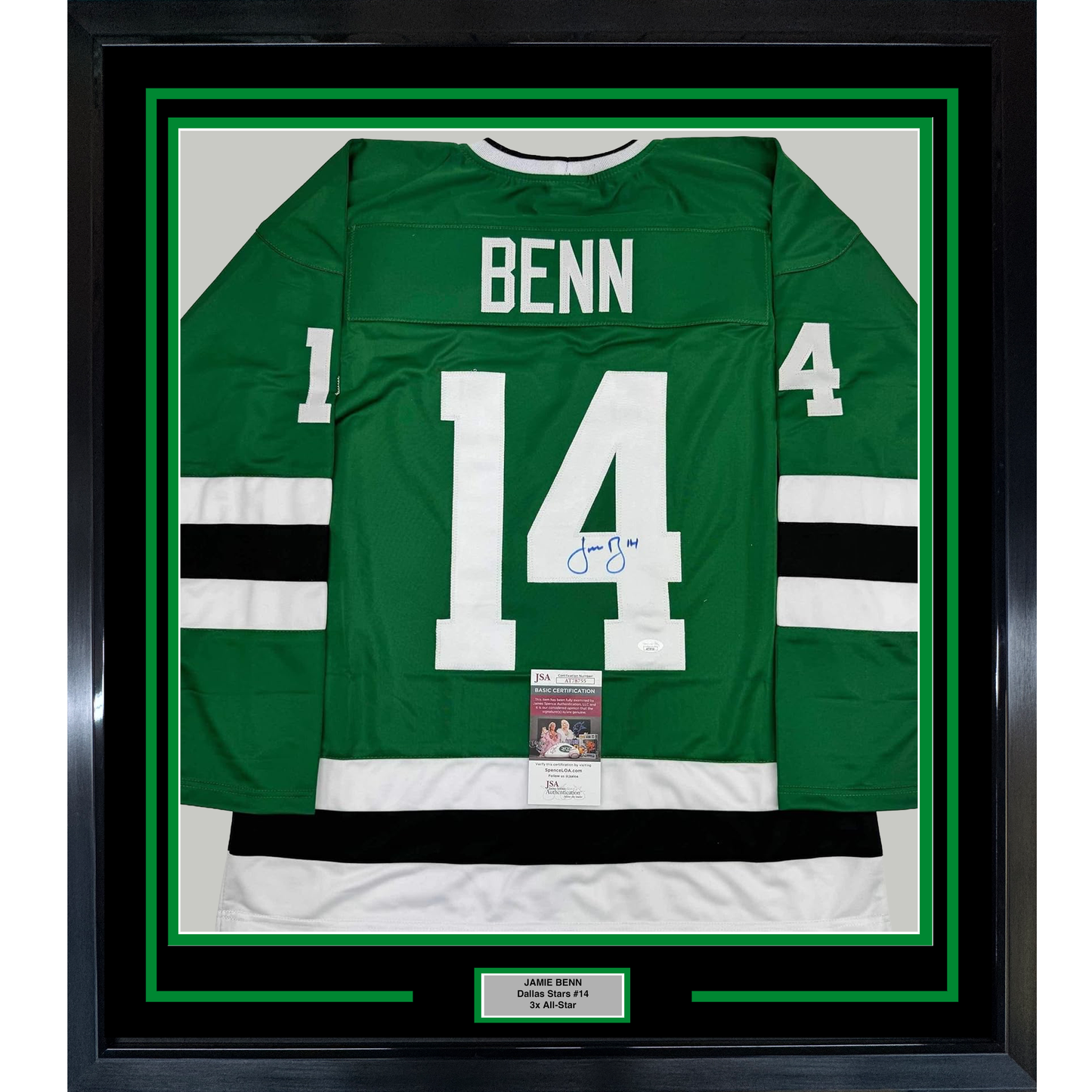 Framed green Dallas Stars jersey number 14 with "BENN" nameplate, signed in blue ink, featuring white stripes and JSA authentication certificate.