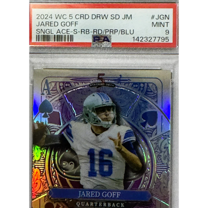 A shimmering holographic jared goff football trading card in white blue jersey number 16 encased in psa grading sleeve stacked deck