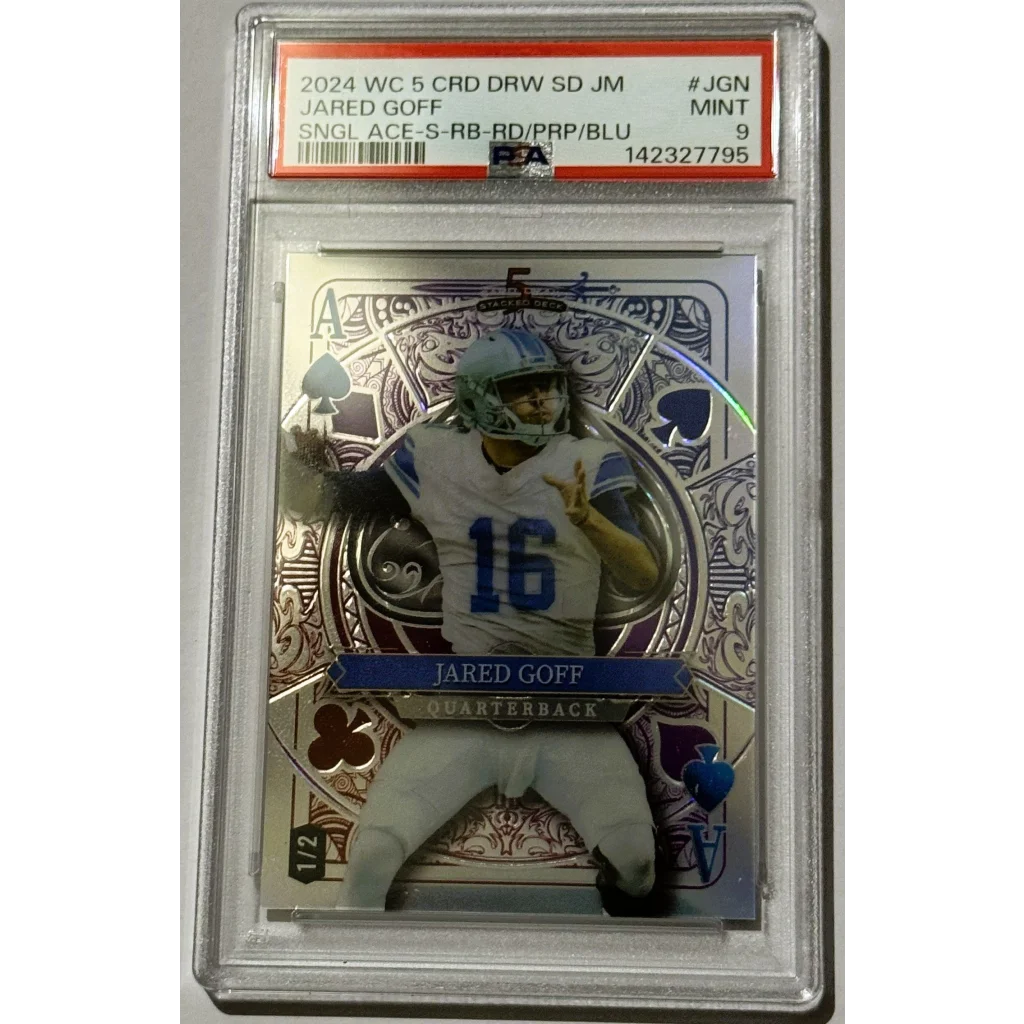 Silver and blue stacked deck jared goff football card in white jersey number 16 encased in psa slab super bowl qb collectible