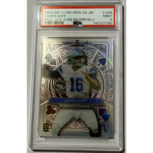 Silver and blue stacked deck jared goff football card in white jersey number 16 encased in psa slab super bowl qb collectible