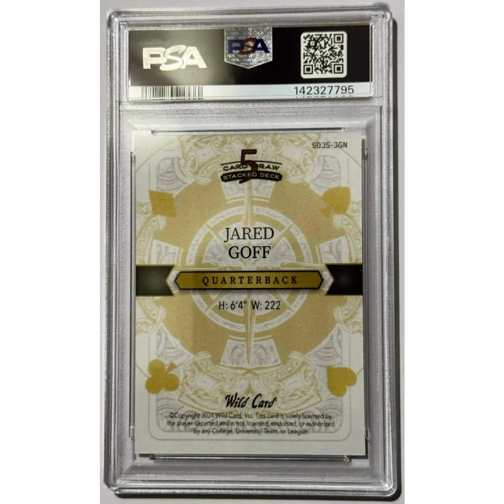 Gold and white Jared Goff football card from 2024 Wild Card Stacked Deck encased in PSA 9 slab Lions Super Bowl QB
