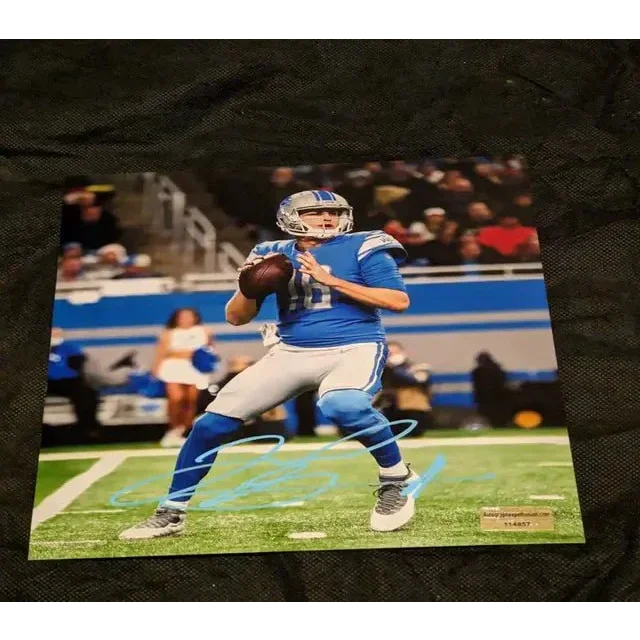 Jared Goff autographed football photo in blue uniform with COA for NFL fans