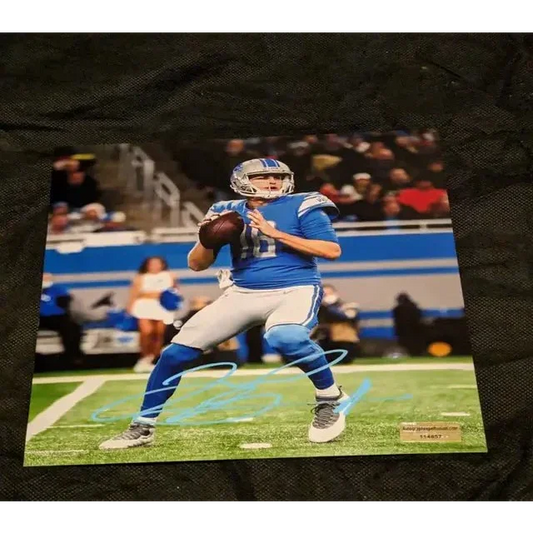 Jared Goff autographed football photo in blue uniform with COA for NFL fans