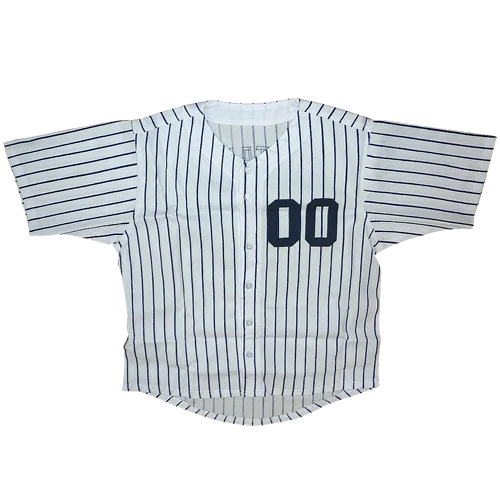 White custom pinstripe baseball jersey with navy blue pinstripes and 00 in bold navy numerals signed by jason alexander as george costanza