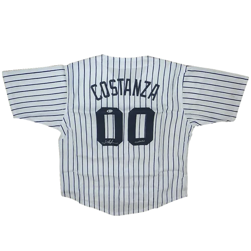 Back side of custom pinstripe white baseball jersey with navy blue george costanza 00 number autographed by jason alexander
