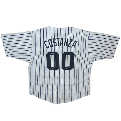 Back side of custom pinstripe white baseball jersey with navy blue george costanza 00 number autographed by jason alexander