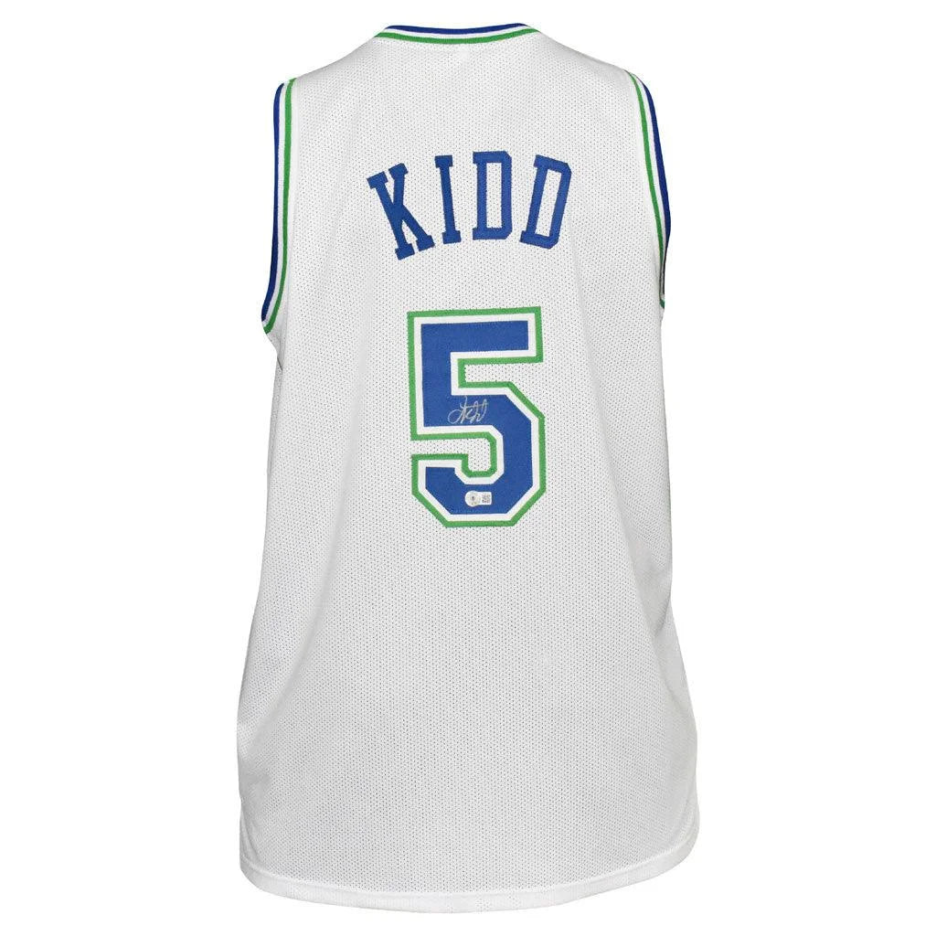Jason Kidd autographed white custom jersey with Kidd 5 in blue green