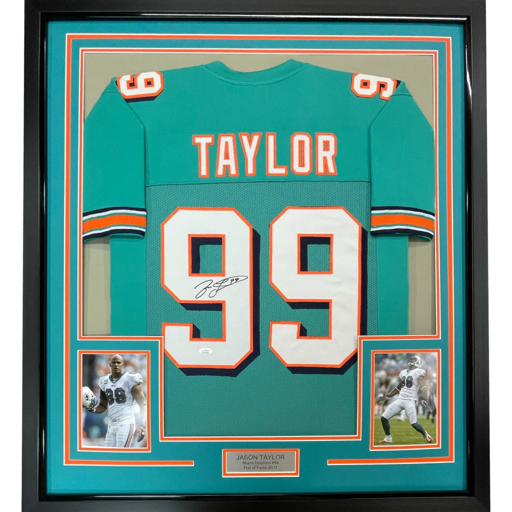 Framed Jason Taylor signed Miami Dolphins jersey with player photos and plaque for wall decor