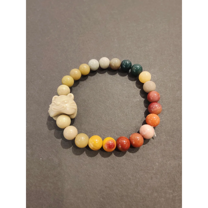 Jasper multi-color bead bracelet with white tiger animal charm