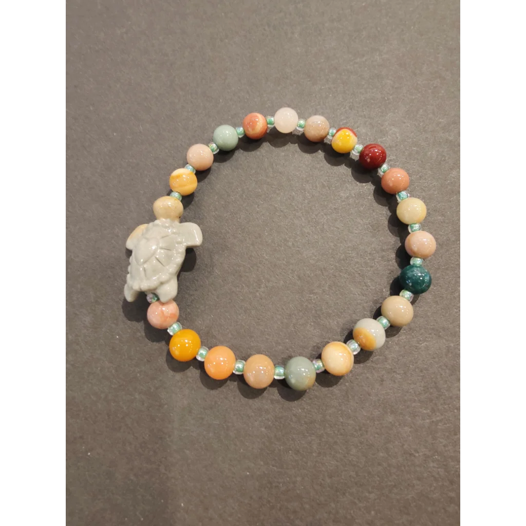 Jasper multi-color bead bracelet with white turtle animal charm