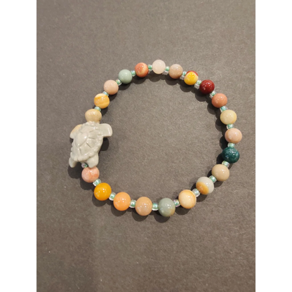 Jasper multi-color bead bracelet with white turtle animal charm