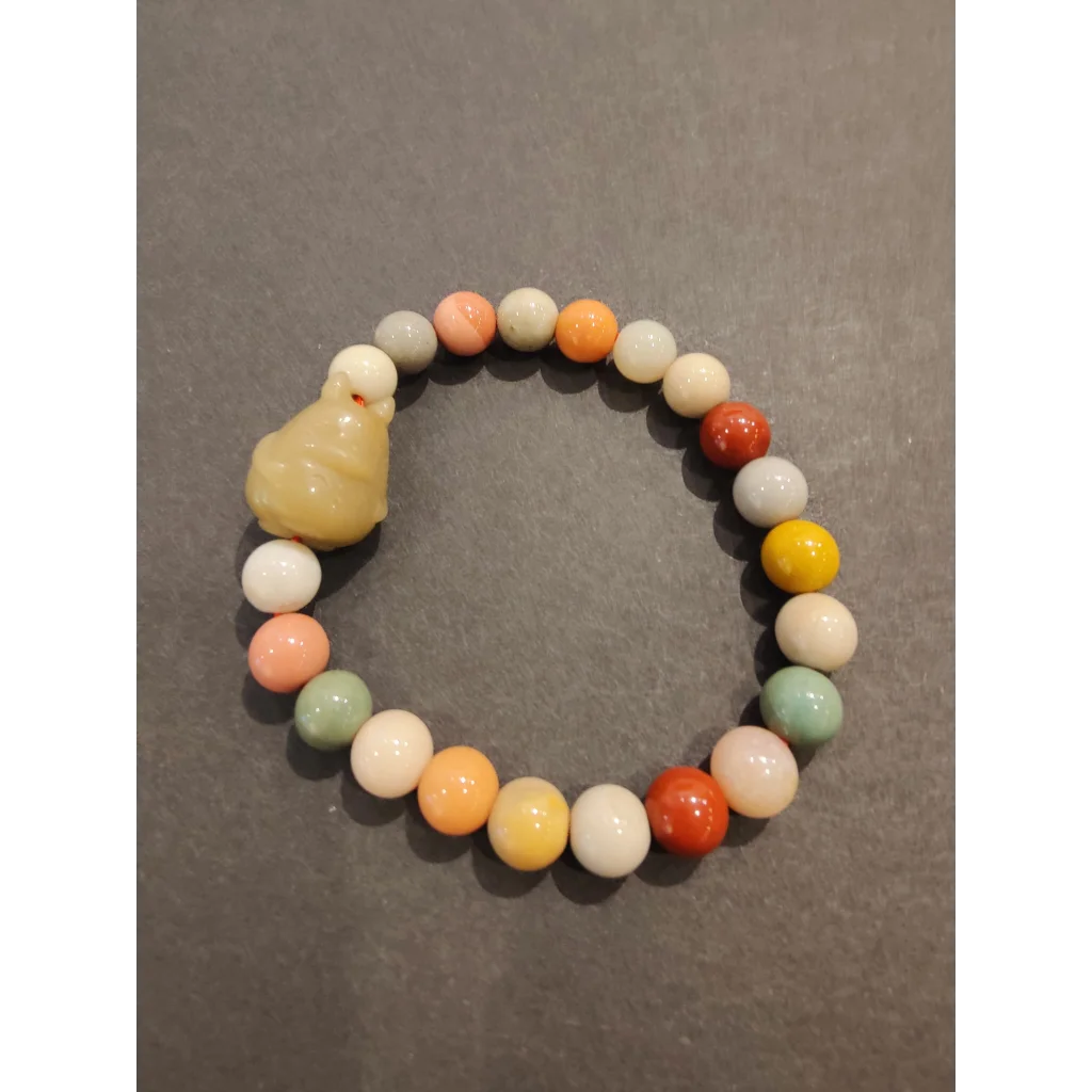 Jasper bead bracelet with multi-color beads and pale yellow chicken animal charm