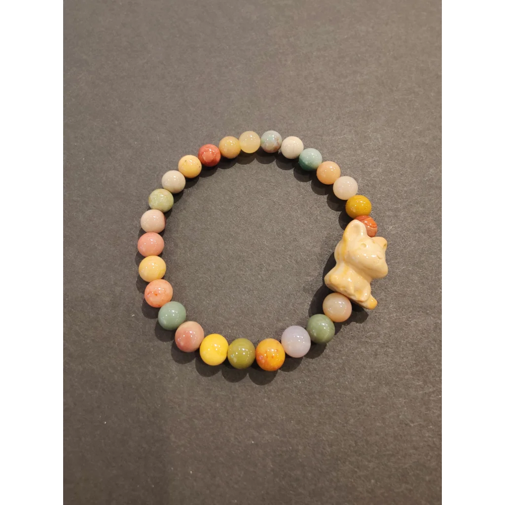 Pastel Jasper bead bracelet with cream ceramic fox animal charm