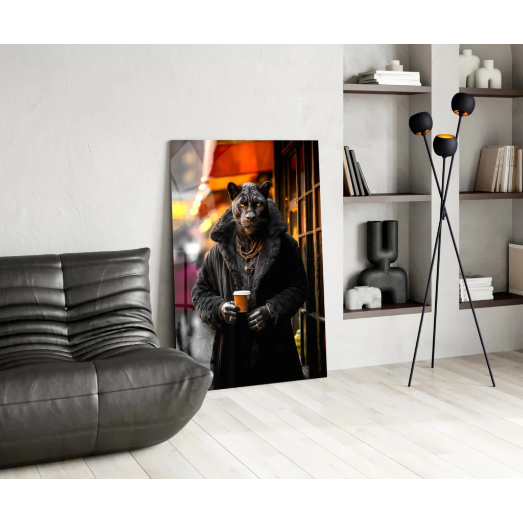 Stylized black panther glass wall art holding coffee cup