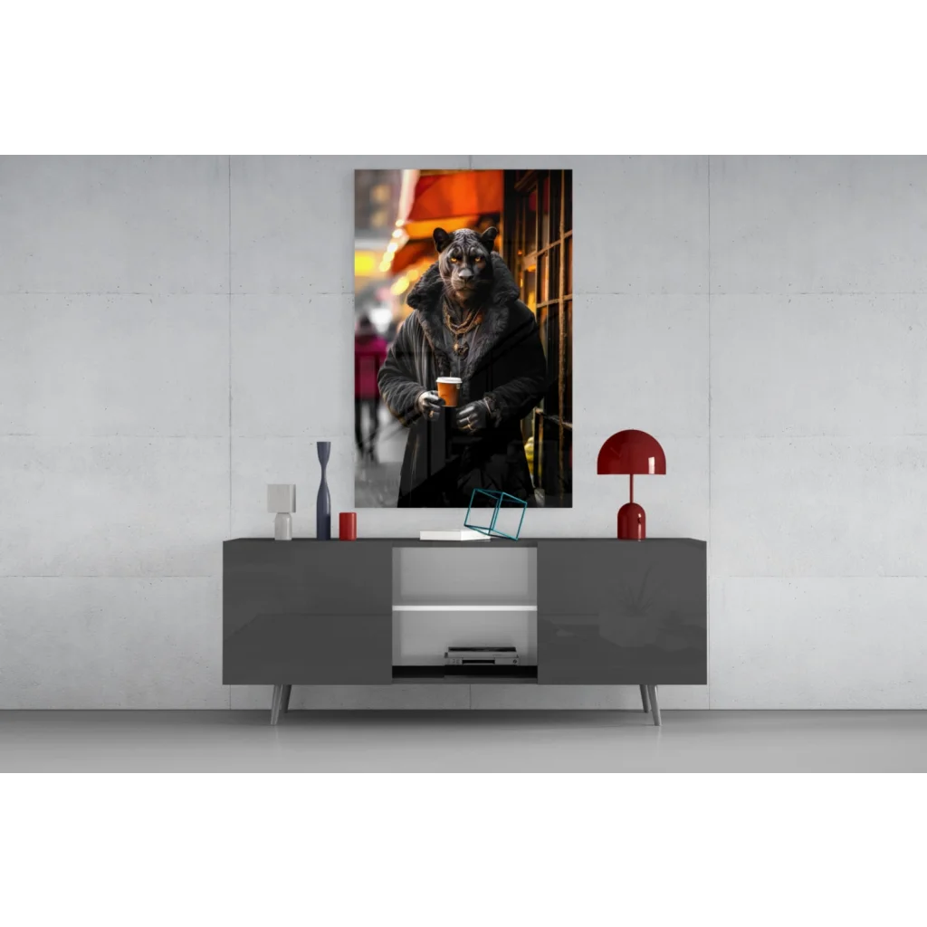Sleek black panther glass wall art with urban vibes and orange accents