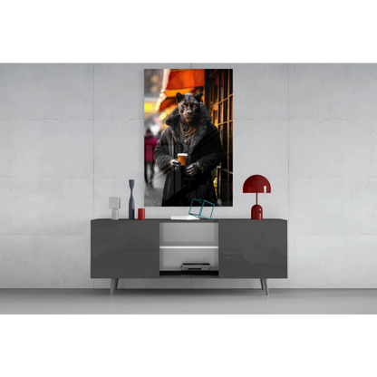 Sleek black panther glass wall art with urban vibes and orange accents