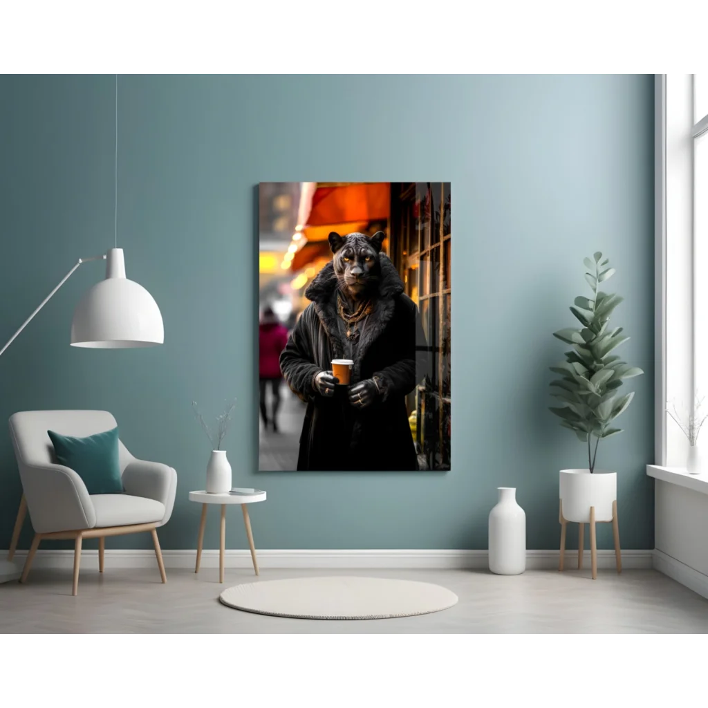 Sleek Black Panther glass wall art with urban street vibes
