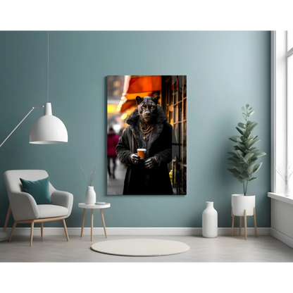 Sleek Black Panther glass wall art with urban street vibes