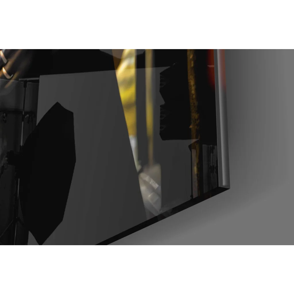 Sleek black panther glass wall art with urban street vibes and gold trim