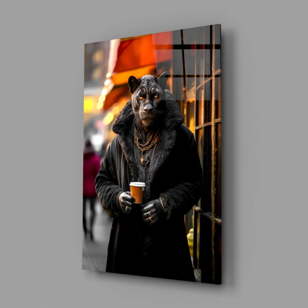 Sleek black panther glass wall art with urban street vibes