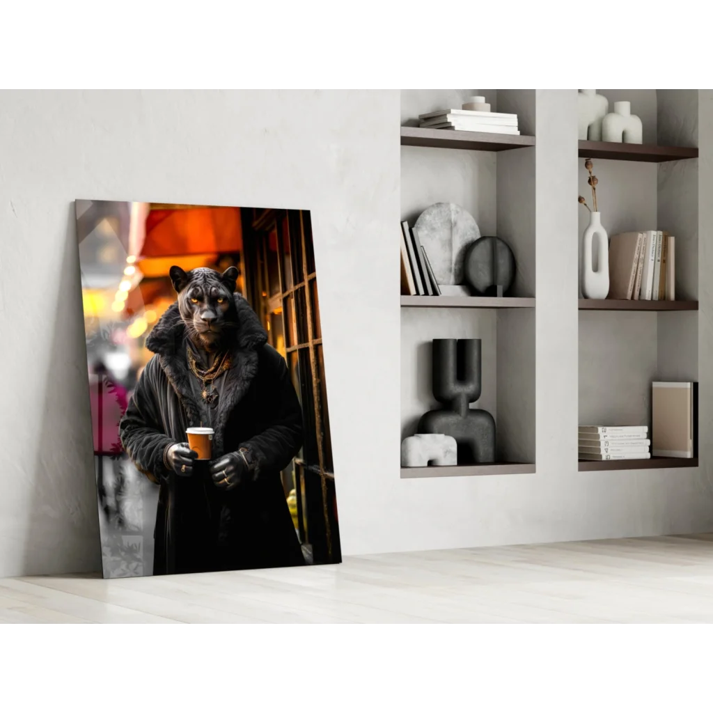 Sleek black panther glass wall art with intense gaze and urban vibes